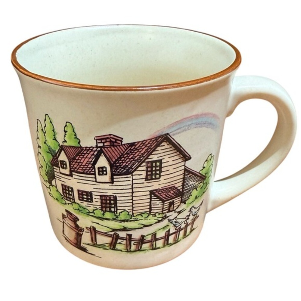VTG Country House Mug Cream Brown, chickens,milk jug, country, farm, rainbow
